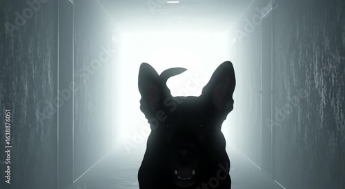 Black dog standing in a dimly lit hallway with bright background  
