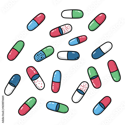 Colorful capsules and pills - medicine, pharmacy, healthcare – stock vector flat illustration