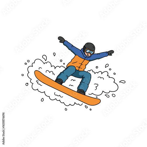 Cartoon snowboarder in orange jacket performing jumping stunt on snow – stock vector flat illustration