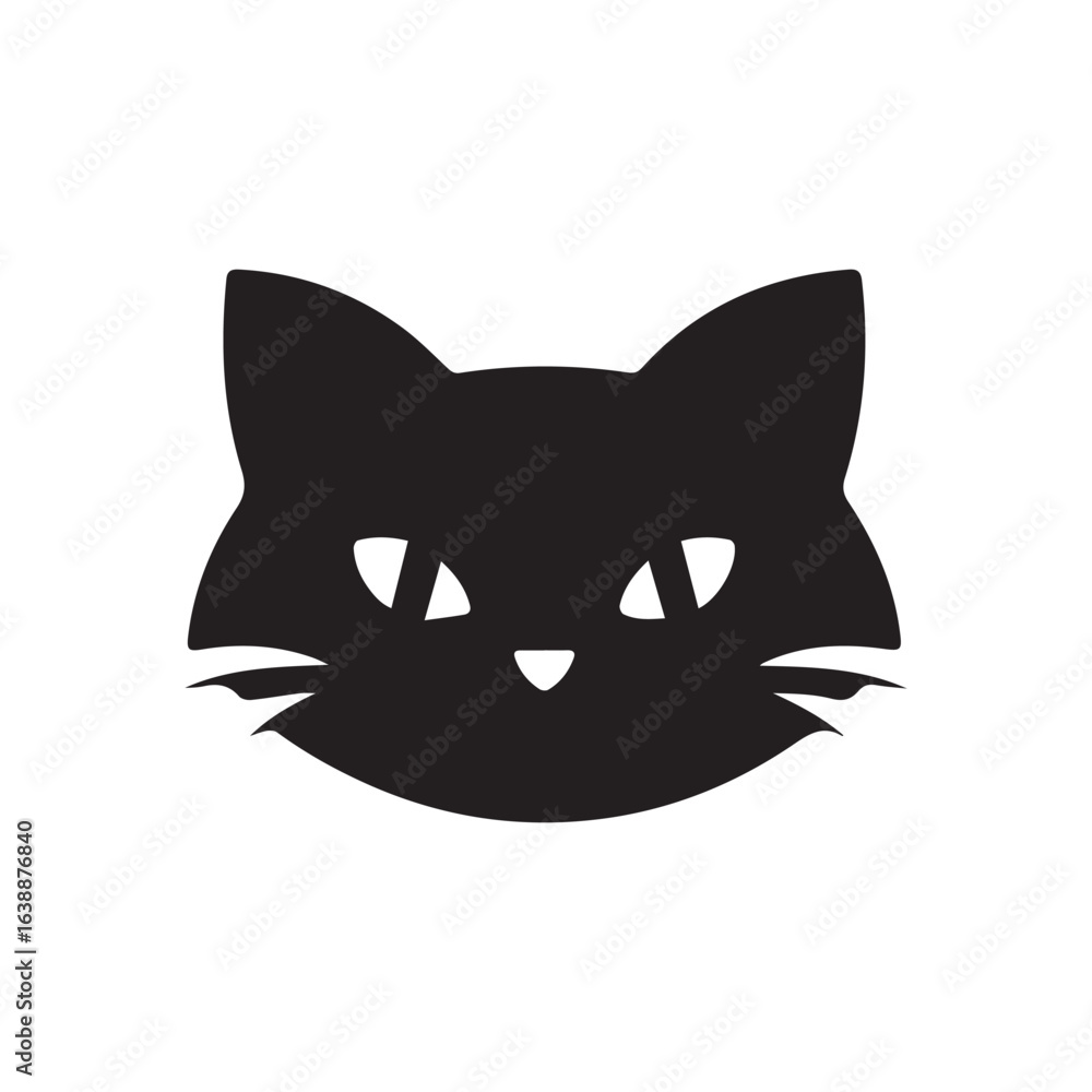 Illustration of a black cat head with pointy ears whiskers and triangular nose on a white background Illustration of a black cat head with pointy ears whiskers and triangular nose on a white background