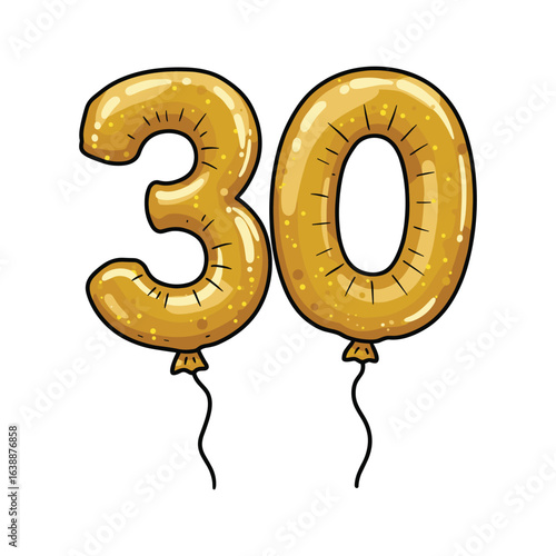 Golden balloon numbers celebrating 30th birthday or anniversary – stock vector flat illustration