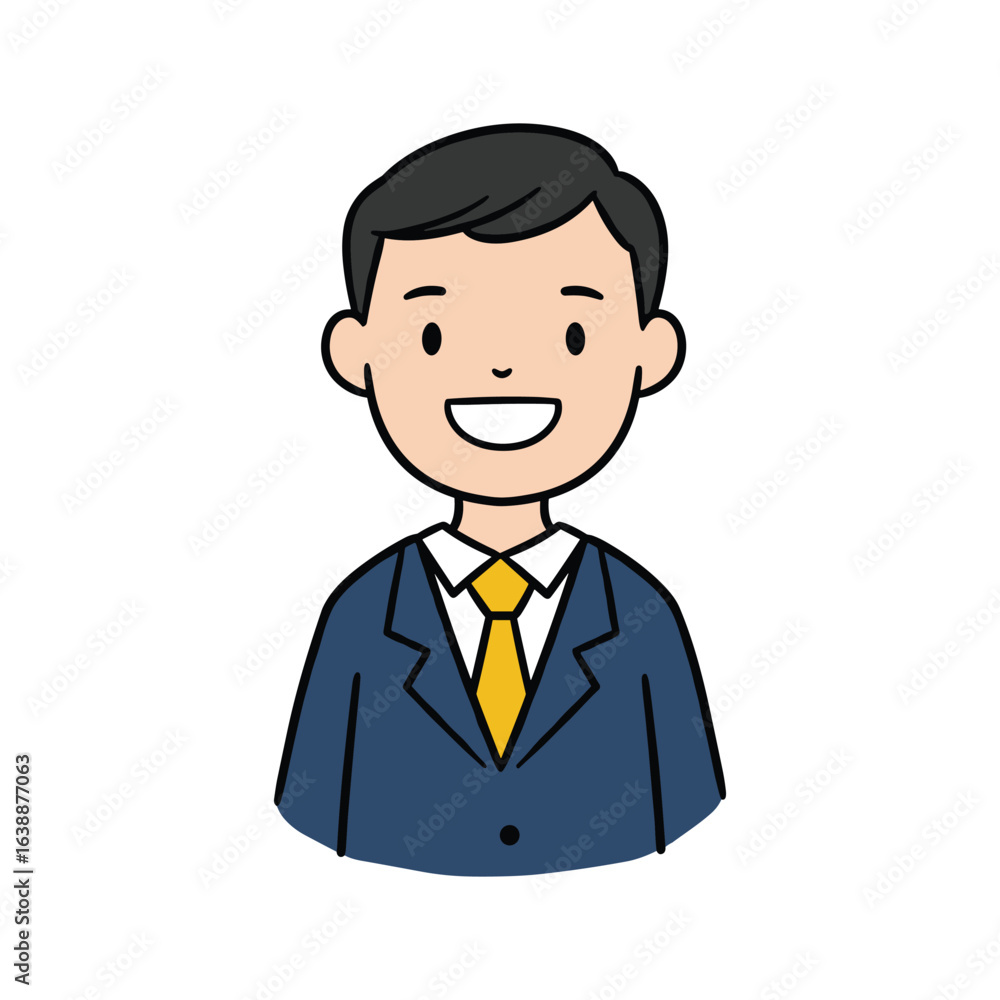 Smiling asian young male cartoon character in blue suit and yellow tie – stock vector flat illustration Smiling asian young male cartoon character in blue suit and yellow tie – stock vector flat illustration