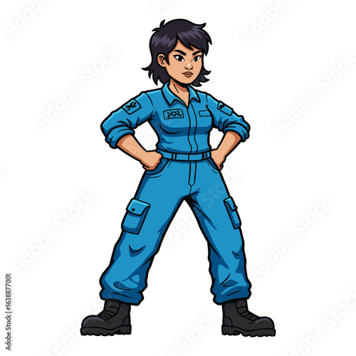 Confident female astronaut in blue jumpsuit with hands on hips, cartoon style – stock vector flat illustration