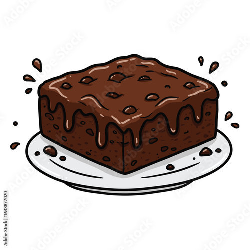 Deliciously gooey chocolate brownie dripping with rich chocolate sauce – stock vector flat illustration