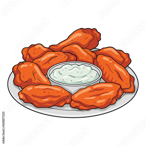 Plate of buffalo wings with creamy dipping sauce – stock vector flat illustration