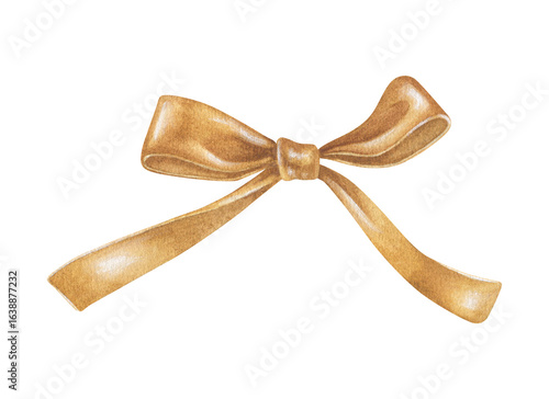 Golden shiny bow with long ribbons clipart. Watercolor illustration of a holiday decor. Hand drawn vintage sketch on white isolated background. Water color painting art image