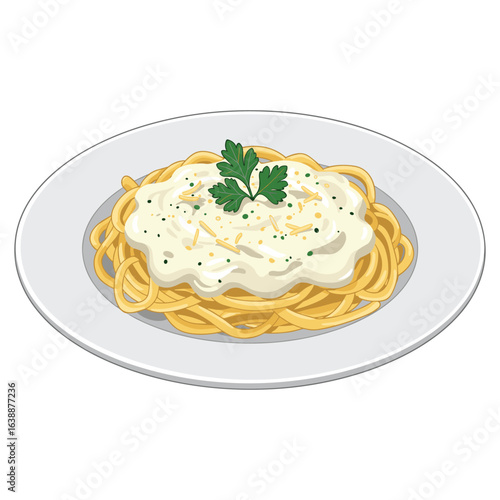 Spaghetti pasta with creamy alfredo sauce on white plate with parsley garnish – stock vector flat illustration