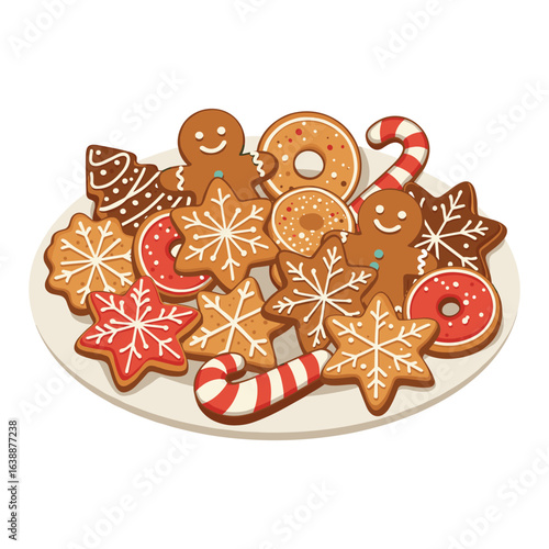 Festive holiday cookies on plate featuring gingerbread and snowflake designs – stock vector flat illustration