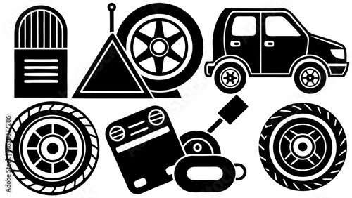 Vector illustration of car maintenance tools and a car including a jack and tire with hazard triangle