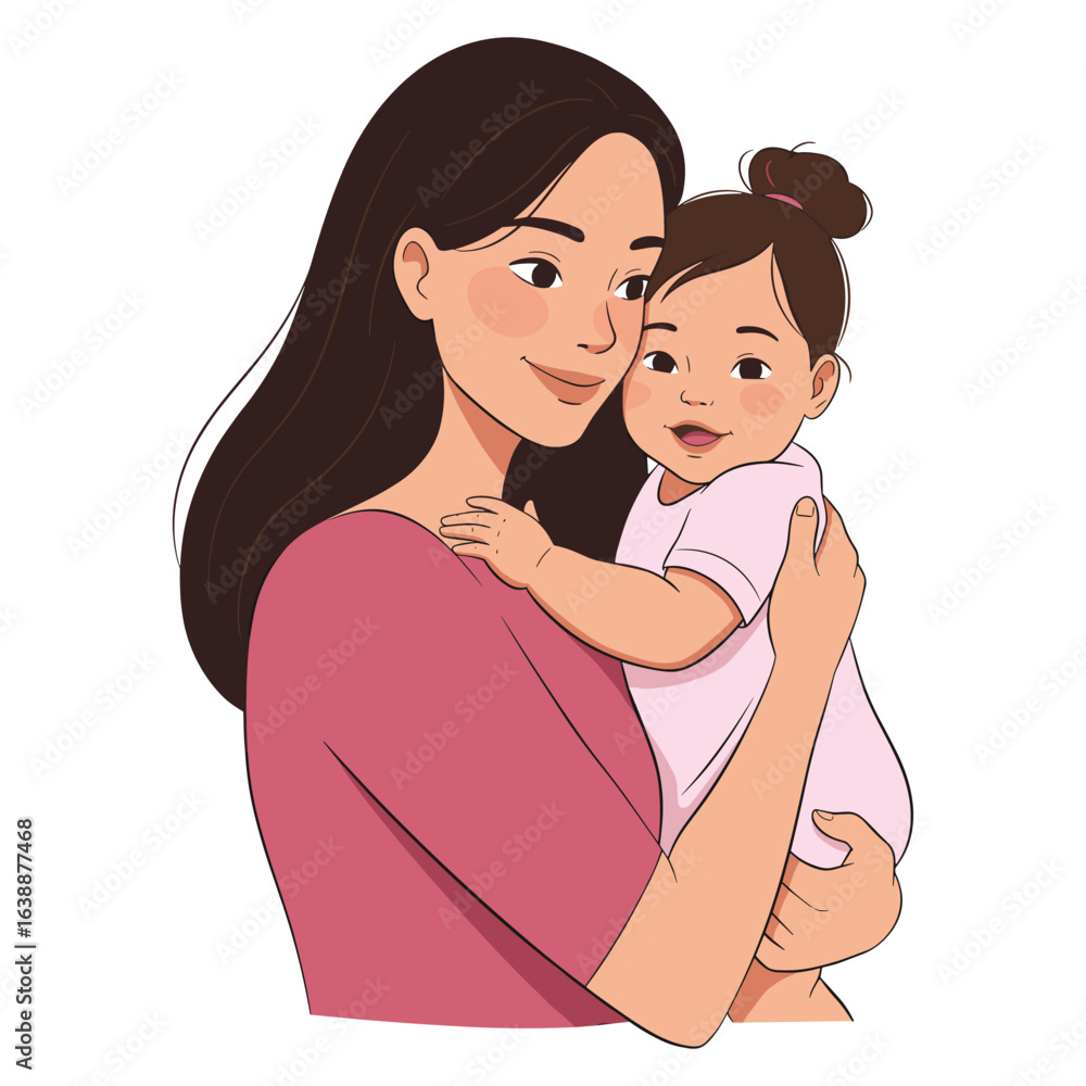 Obraz premium Asian female adult holding asian female child in loving embrace illustration – stock vector flat illustration