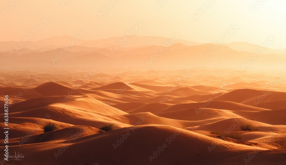 Naklejka premium Golden desert sunrise, dunescape panorama, hazy mountains