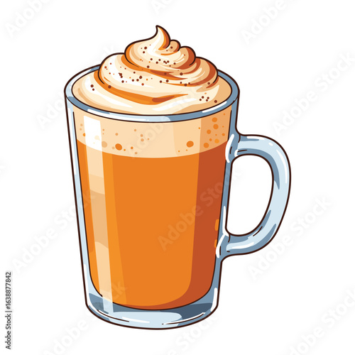Delicious pumpkin spice latte with whipped cream in a clear glass mug – stock vector flat illustration