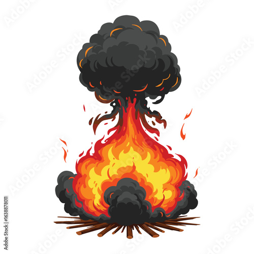Dramatic explosion with intense flames and rising smoke illustrates destructive force – stock vector flat illustration