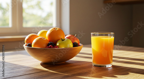 Healthy breakfast with fresh orange juice and fruits in bowl on wooden table top