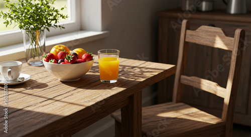 Stock photo breakfast table with orange juice fruit bowl and coffee cup indoors