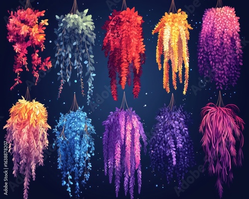 Hanging wisteria, different vivid colors, against a dark background. Use as a design element for websites or for social media content.