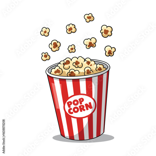 Cartoon red and white popcorn box with flying popcorn against white background – stock vector flat illustration