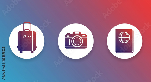 Travel essentials suitcase camera passport icons for vacation planning concept art