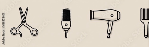 Simple black line art illustrations of hairdressing tools