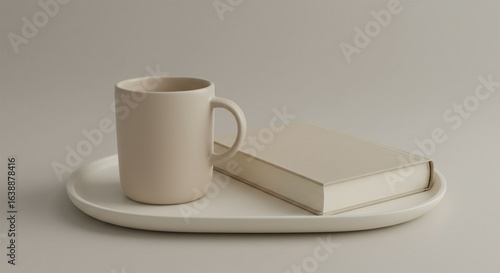Still life photography of coffee mug book and tray on table top background neutral