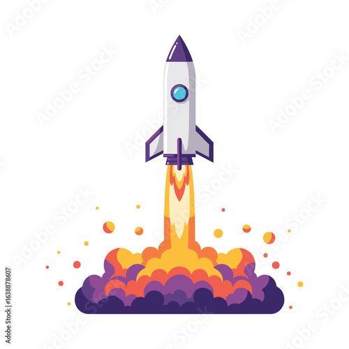 Cartoon rocket launch with vibrant flames and clouds – stock vector flat illustration