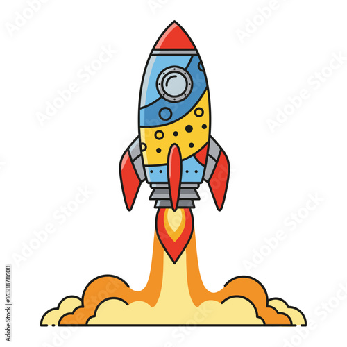 Colorful rocket launch with flames and smoke – stock vector flat illustration