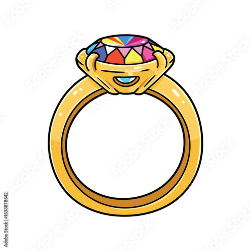 Elegant gold ring with multicolored gemstone in unique facet design – stock vector flat illustration