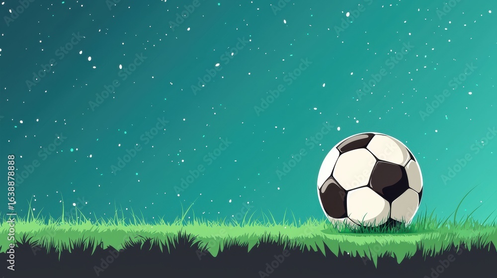 Naklejka premium Vibrant football on lush green grass field under rainy sky with falling raindrops and cloudy weather
