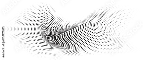 Flowing Wave Dot Halftone Pattern: Curve Gradient Shape on Transparent Background. Suitable for AI, Tech, Network, Digital, Science, and Technology Themes.
