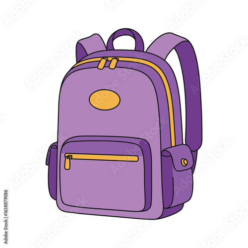 Purple backpack with yellow zippers and multiple compartments – stock vector flat illustration