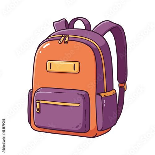Colorful orange and purple backpack with multiple zippers and pockets – stock vector flat illustration