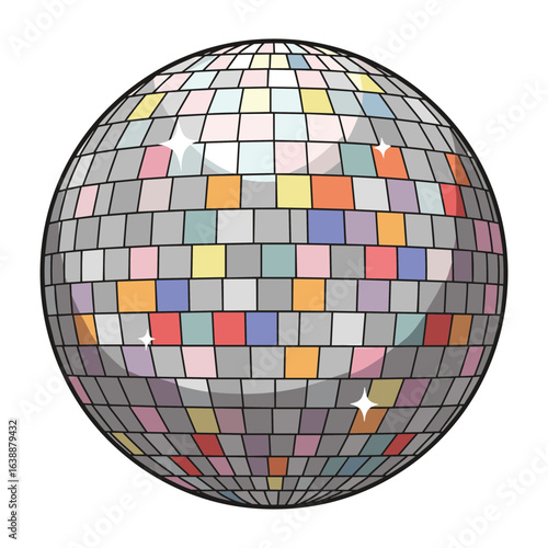 Colorful disco ball with reflective tiles and sparkling highlights – stock vector flat illustration