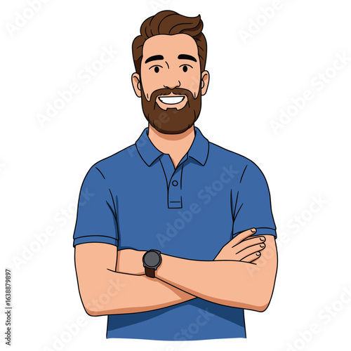 Smiling young caucasian male with beard in blue shirt – stock vector flat illustration