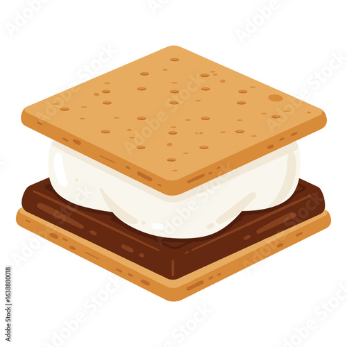 Delicious s'mores dessert with marshmallow and chocolate between graham crackers – stock vector flat illustration