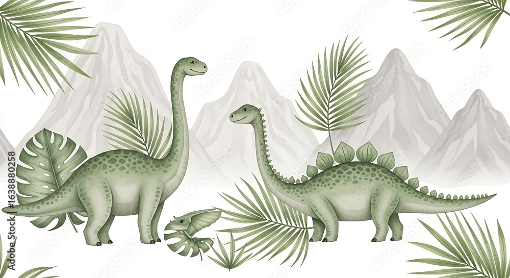 Fototapeta premium Watercolor Dinosaurs with Tropical Leaves and Misty Mountains