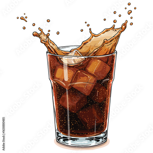 Refreshing splash of iced cola with ice cubes and dynamic liquid movement – stock vector flat illustration