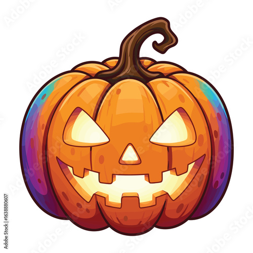 Colorful glowing halloween pumpkin with rainbow accents and spooky smiling face – stock vector flat illustration