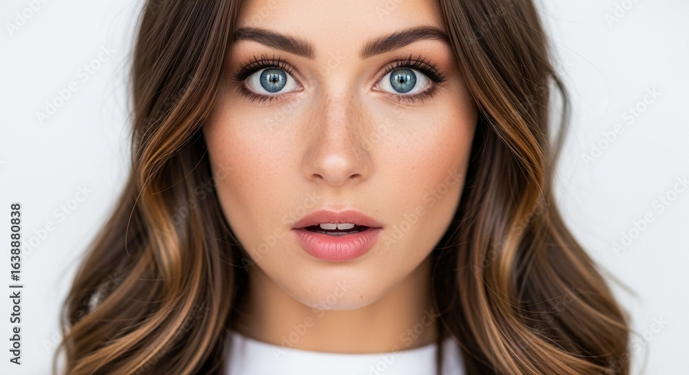 Fototapeta premium Close-up portrait of a beautiful young woman with stunning blue eyes and light brown wavy hair, looking directly at the camera with a surprised expression, against a bright white background.