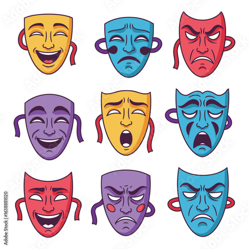 Colorful theatrical masks expressing varied emotions in nine panels – stock vector flat illustration