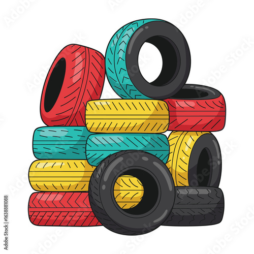 Colorful stacked tires featuring red, yellow, and blue designs – stock vector flat illustration