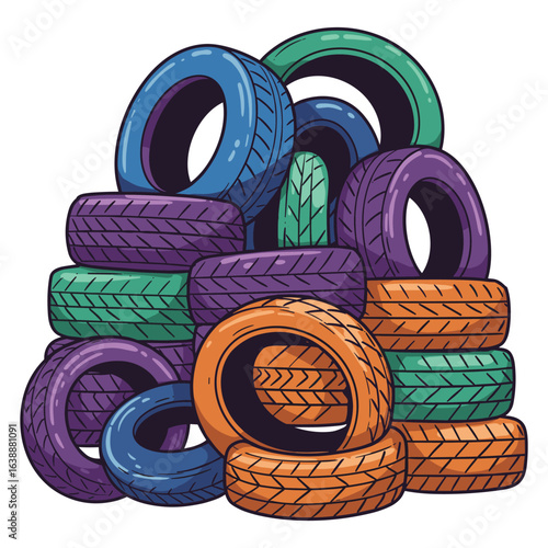 Colorful stack of cartoon tires – stock vector flat illustration