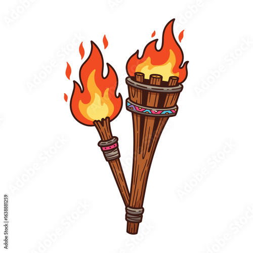 Cartoon flaming torches with wooden handles and bright flames – stock vector flat illustration