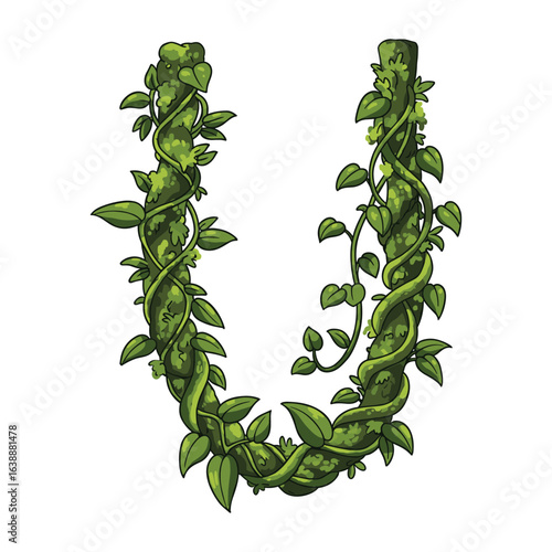 Nature-inspired letter v with intricate green vines and leaves – stock vector flat illustration