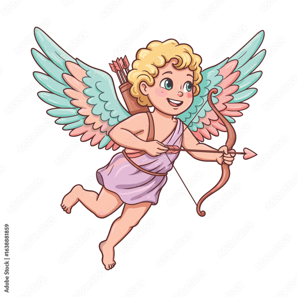 Fototapeta premium Cute cartoon cupid child with bow and arrow flying – stock vector flat illustration