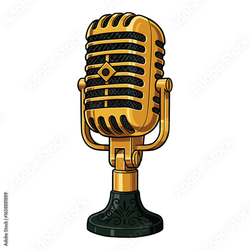 Vintage golden microphone with black detailing and elegant stand – stock vector flat illustration