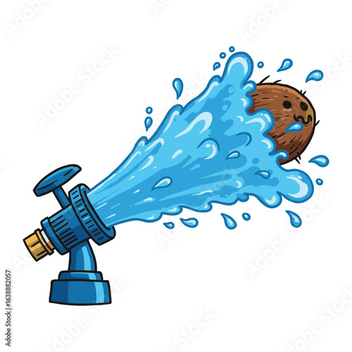 Cartoon coconut launched from water gun with splash effect – stock vector flat illustration