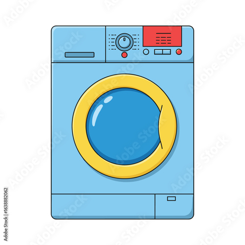 Blue washing machine with yellow door and red control panel – stock vector flat illustration