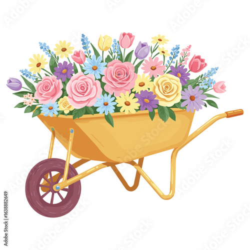 Colorful spring flowers in a yellow wheelbarrow with tulips and roses – stock vector flat illustration