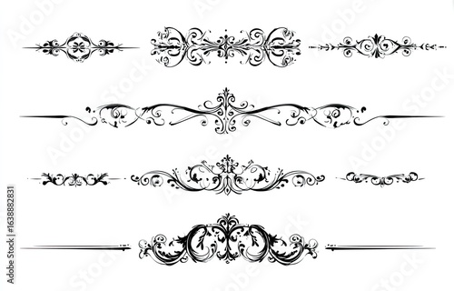 Decorative dividers, ornate line separators in black ink on white background.  Six horizontal decorative elements feature intricate, flowing flourishes, floral and scroll designs