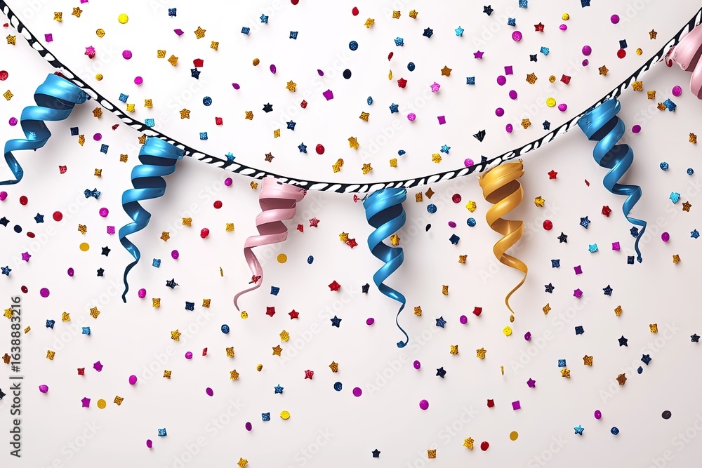 Naklejka premium Colorful streamers and confetti hanging from a rope on white. It is suitable for celebrating New Year, Christmas or any holiday.